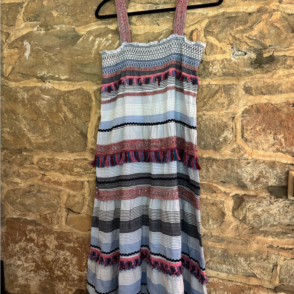 Zara Blue and Red Chambray Tassel Tiered Sleeveless Maxi Sundress